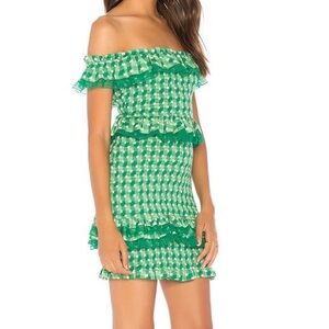 Tularosa green smocked off shoulder Teri mini dress